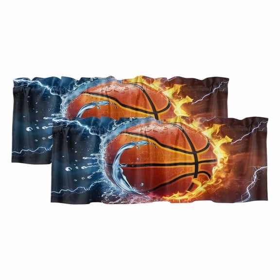 Fire Basketball Valances for Windows, Decorative Rod Pocket Window Valance Curtains, Blue Red Water Fire Splashing Short Curtain Drapes for Kitchen/Bathroom/Living Room, 2 Panels, 54" W x 18" L
