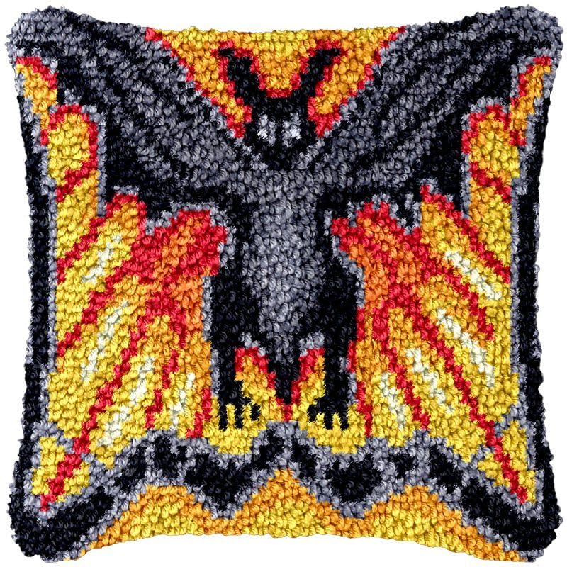 Fire Bat Latch Hook Pillow Cover Kits for DIY Handmade Throw Pillow Cross Stitch Latch Hook Pillowcase Rug Cushion Kits with Preprinted Canvas Crochet Yarn Kits Needlework 17'' X 17''