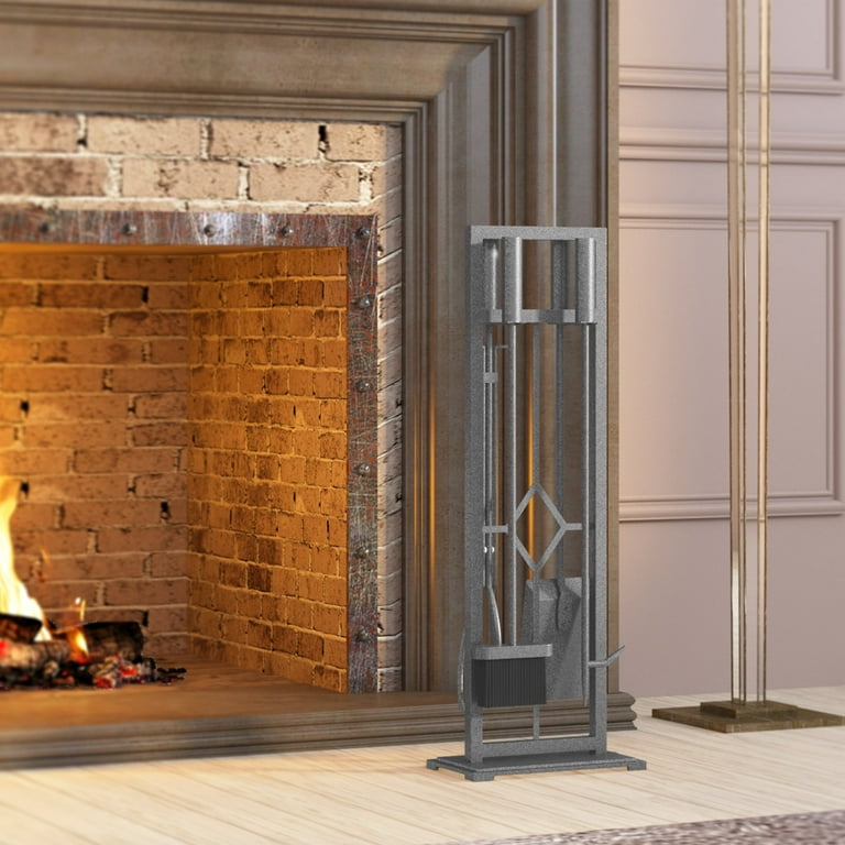 5-Piece Fireplace Tool Set - Heavy Duty Wrought Iron Fireplace Tools With Stand, Black