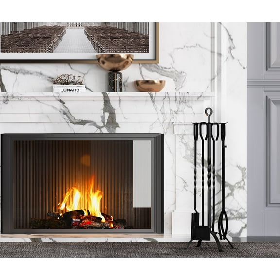 ​Fire Beauty 5-Piece Antique Bronze Fireplace Tools Set - Heavy Duty Metal Holder with Handles for Indoor Fireplace & Outdoor Fire Pit