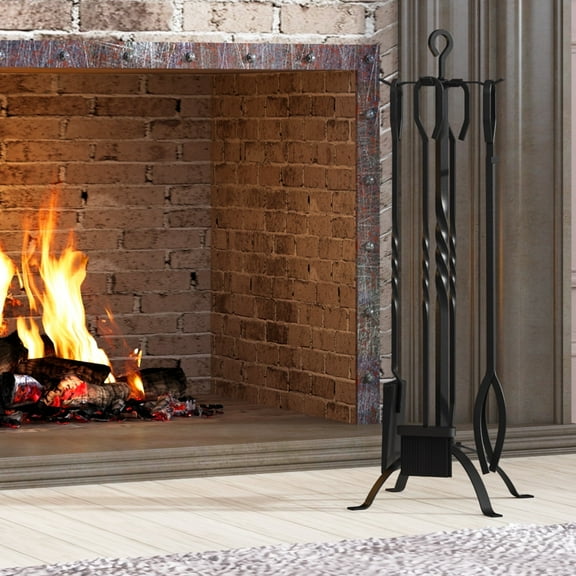 Fire Beauty 5-Piece Heavy Duty Fireplace Tools Set – Sanded Black Metal Stand with Handles for Indoor Fireplace & Outdoor Fire Pit