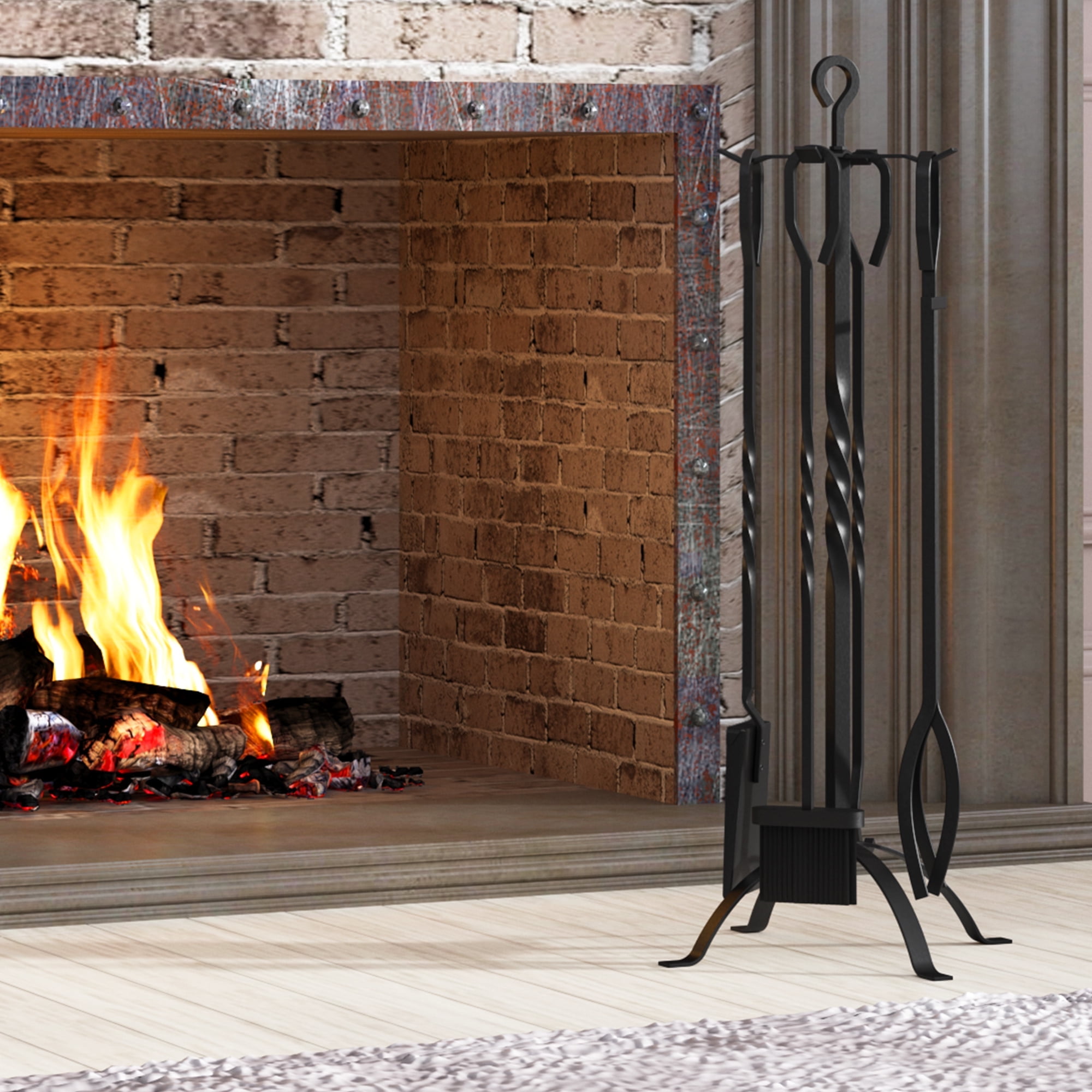 Black Wrought Iron 5-Piece Fireplace Tool Set