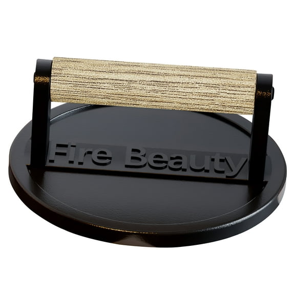 Fire Beauty Burger Press,6.5" Grill Press Enamel Surface,Cast Iron Grill Press with Wood Handle,Food-Grade Smash Burger Press for Seared Bacon, Steak&Burger