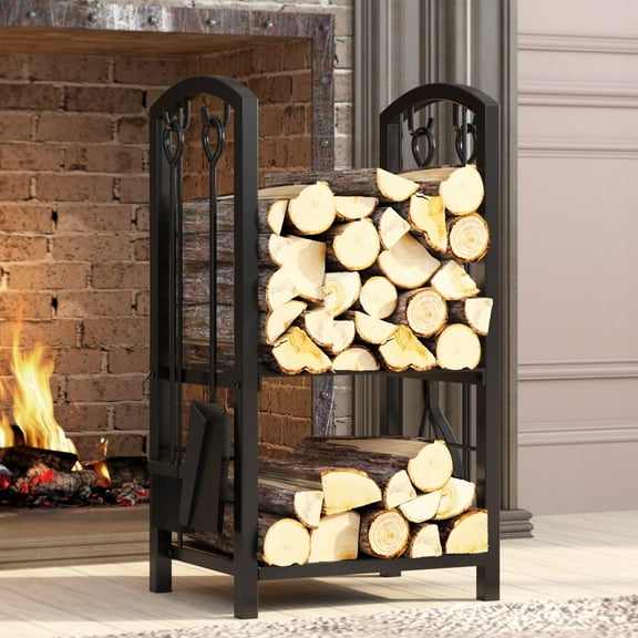 Fire Beauty 5-Piece Fireplace Set - Log Rack with 4 Tools (Poker, Shovel, Brush, Tongs) - Heavy Duty Black Wood Storage for Indoor/Outdoor