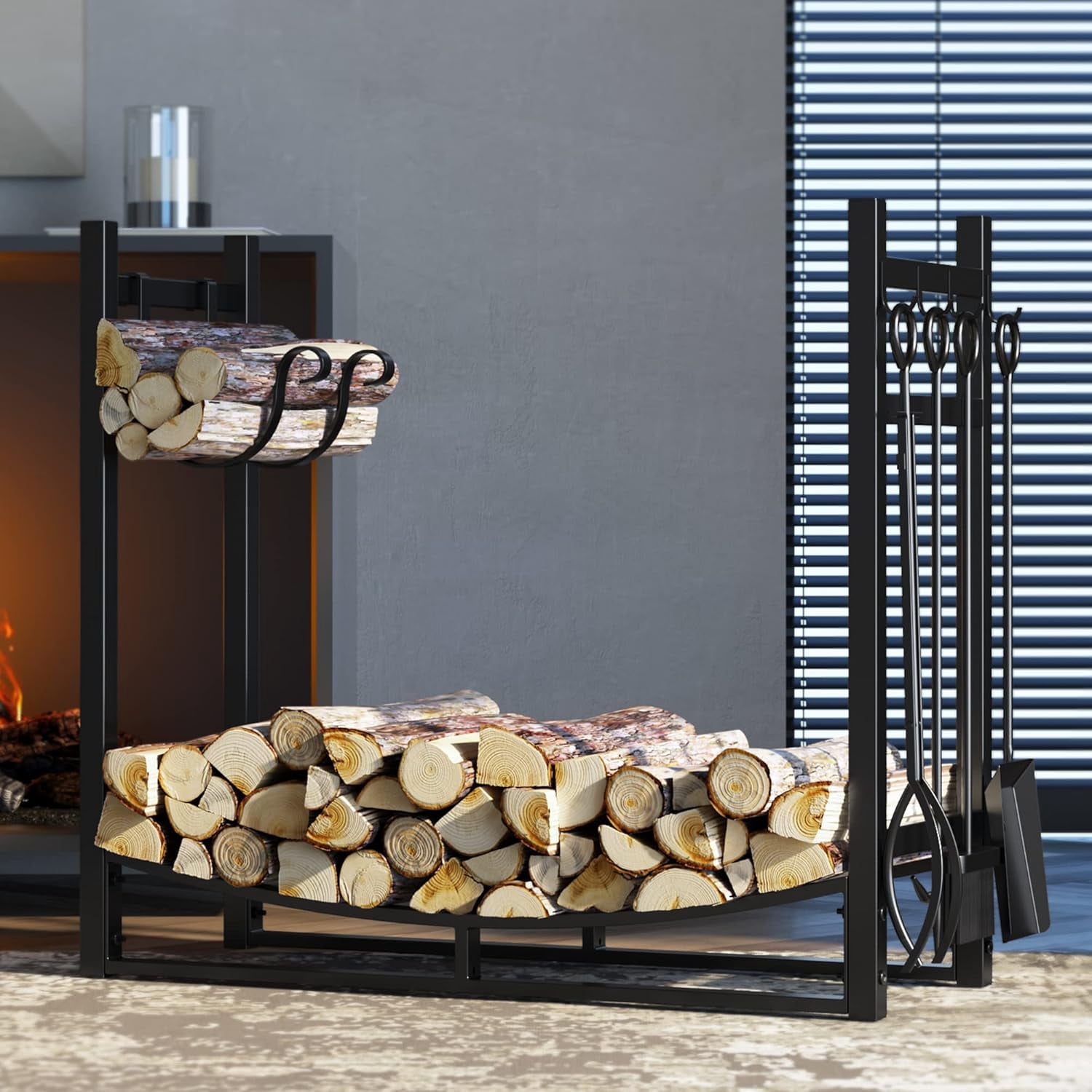 Fire Beauty Fireplace Log Rack with Kindling Holder Firewood Holder for
