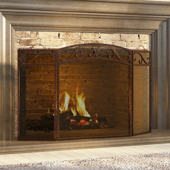 Fire Beauty 48" Wrought Iron Fireplace Screen – 3-Panel Heavy Duty Spark Guard – Brushed Copper Finish for Fireplace & Hearth Protection (48"L x 29"H)​