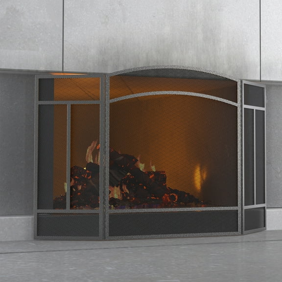 Fire Beauty 48" Wrought Iron Fireplace Screen – 3-Panel Heavy Duty Spark Guard – Pewter Finish for Fireplace & Hearth Protection (48"L x 29"H)