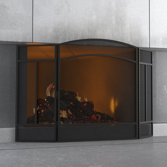 Fire Beauty 48" Sanded Black Fireplace Screen – 3-Panel Wrought Iron Spark Guard – Heavy Duty Fireplace Cover with Decorative Lattice Design (48"L x 29"H)​