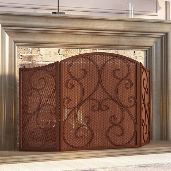 Fire Beauty Fireplace Screen 3 Panel Wrought Iron Black Metal 48"(L) x30(H) Spark Guard Cover(Antique Bronze)