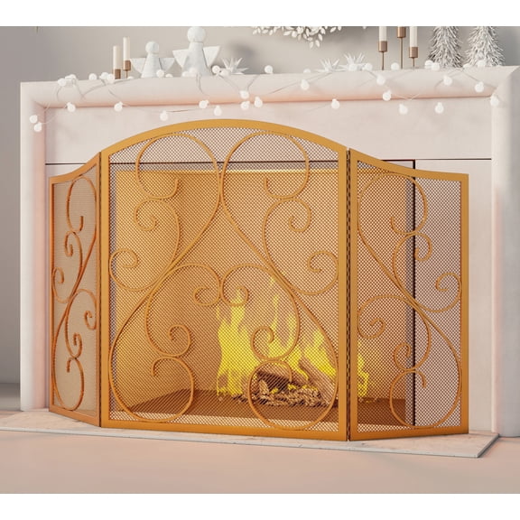 Fire Beauty 48" Wrought Iron Fireplace Screen - 3 Panel Spark Guard with Golden Dusting Finish, 29" Height - Heavy Duty Fireplace Cover for Safety & Decor
