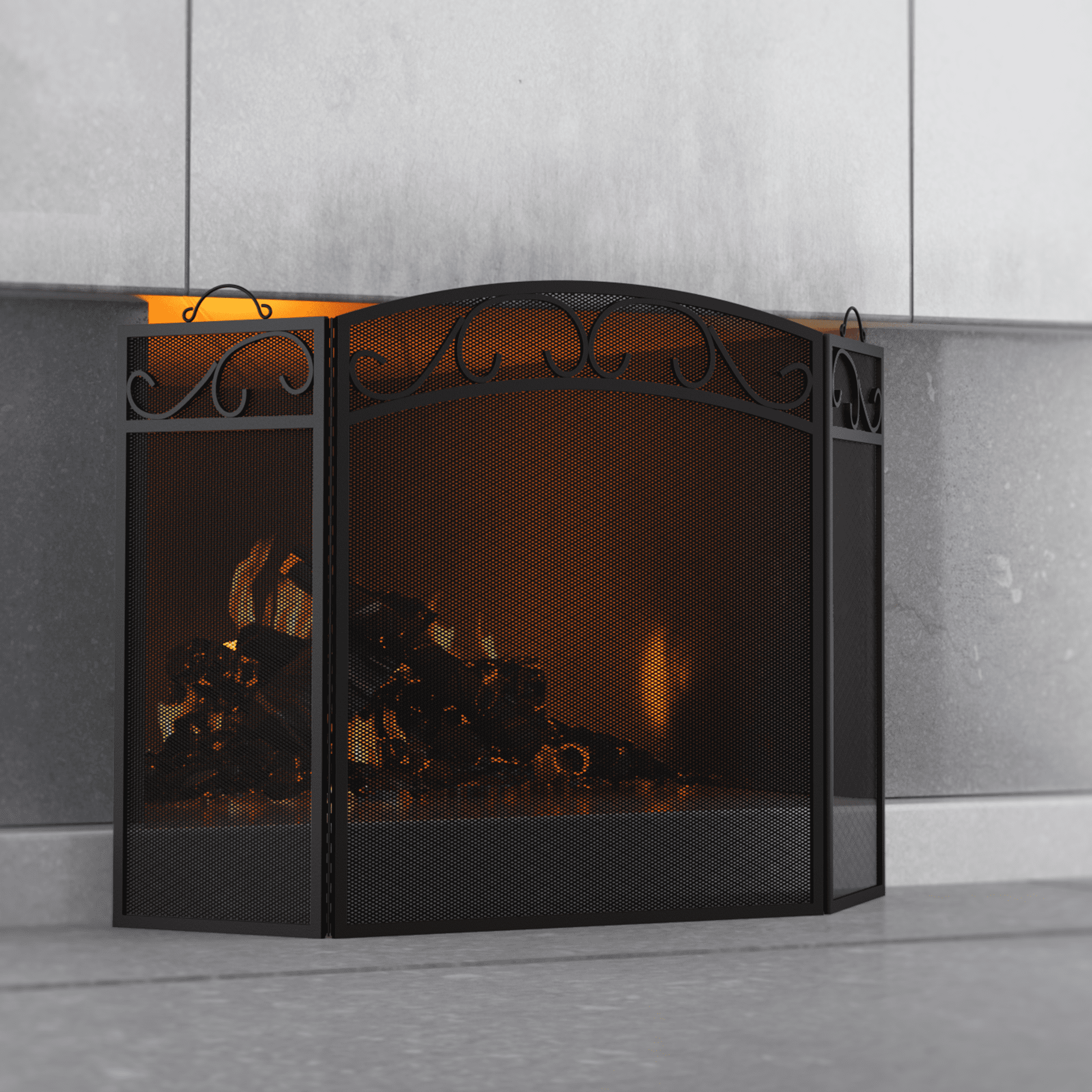 48x30.2 Inch 3-Panel Fireplace Screen, Antique Black Iron Mesh Spark Guard, Living Room