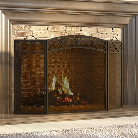 Fire Beauty Fireplace Screen 3 Panel with Handles Wrought Iron 51"(L) x31(H) Spark Guard Cover(Sanded black)