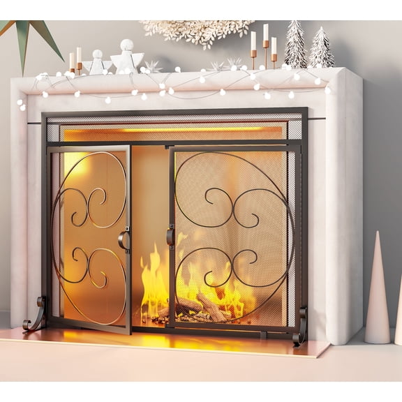 Fire Beauty 35 Inch Magnetic Fireplace Screen, Black Wrought Iron Spark Guard, Baby Safe Fire Screen Door, Heavy Duty Fire Hearth Furnace Protector, 1 Pack