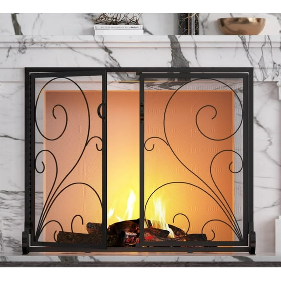 Fire Beauty Fireplace Screen with Doors, Handcrafted Solid Steel, Heavy Duty Metal Mesh, Powder Coat Finish, Spark Guard