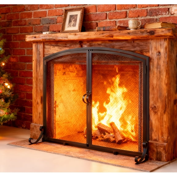 Fire Beauty 2-Pannel Fireplace Screen with Doors, Handcrafted Solid Mesh,Stable Adjustable Fit Fire Spark Guard 35" D x 28" H