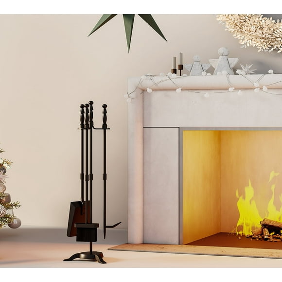 Fire Beauty Fireplace Tools Set 4 Pieces Black Wrought Iron Fire Tool Set for Outdoor/Indoor Include Poker, Shovel, Brush and Stand Accessories Set