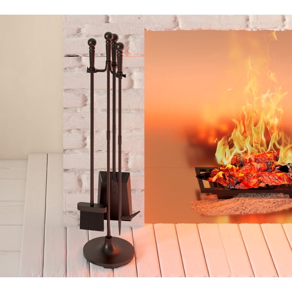 Fire Beauty Fireplace Tools Set 4 Pieces Black Wrought Iron Fire Tool Set for Outdoor/Indoor Include Poker, Shovel, Brush and Stand Accessories Set