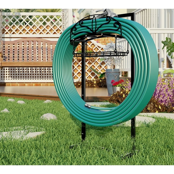 Fire Beauty Heavy Duty Garden Hose Holder Freestanding & In-Ground Dual Design Outdoor Hose Organizer with Storage Basket & Detachable Stake (Black)