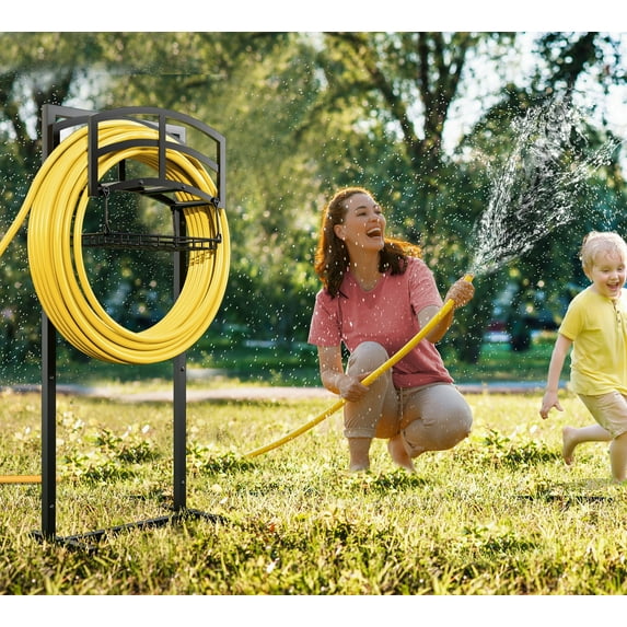 Fire Beauty Heavy-Duty Portable Garden Hose Holder with Storage Basket - 120lb Capacity Holds 180ft Hose, Rustproof Stainless Steel & Dual Support Rods, Modern Geometric Design