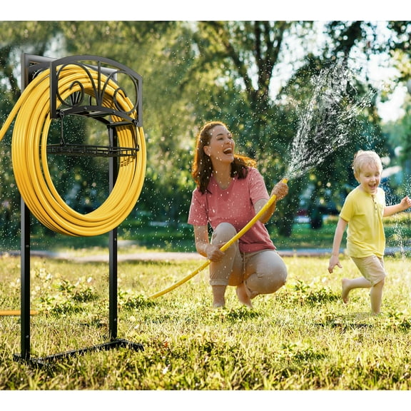Freestanding Heavy Duty Garden Hose Holder with Storage Basket - In-Ground Outdoor Hose Organizer, Detachable Stake & Reel Stand for Lawn, Yard, Patio, Garden - Rustproof Durable Design - Fire Beauty