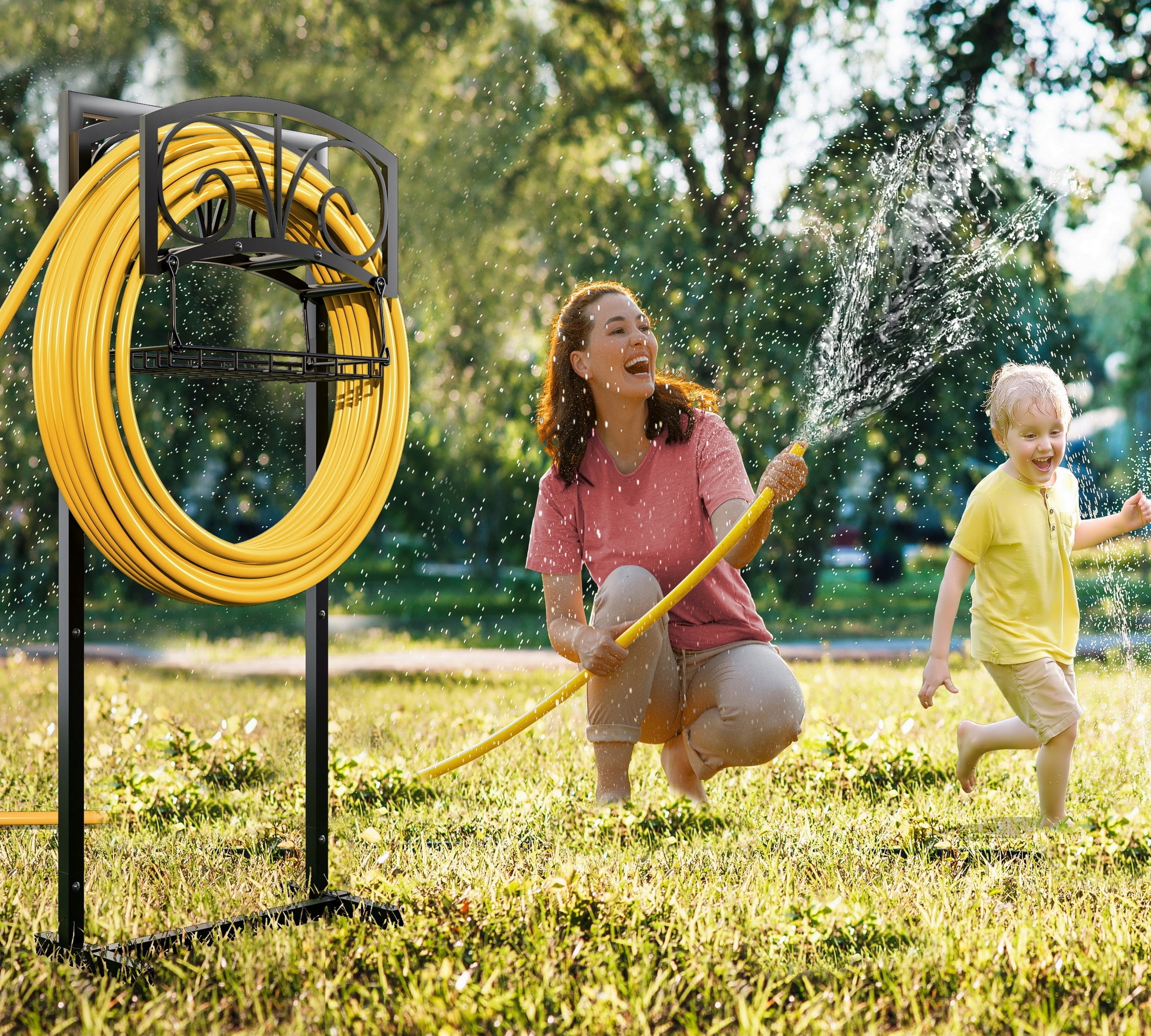 Freestanding Heavy Duty Garden Hose Holder with Storage Basket - In-Ground Outdoor Hose Organizer, Detachable Stake & Reel Stand for Lawn, Yard, Patio, Garden - Rustproof Durable Design - Fire Beauty