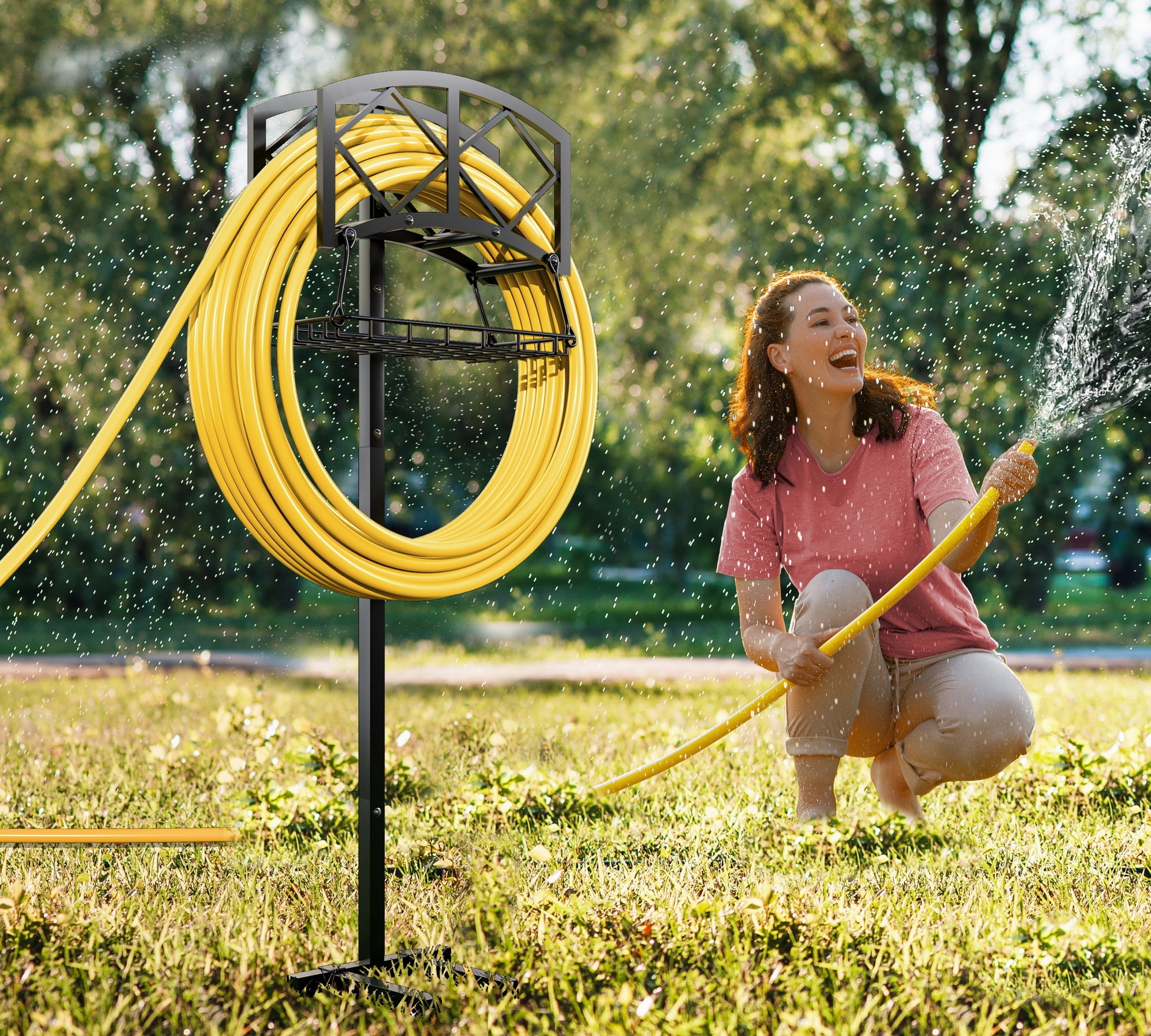 Fire Beauty Freestanding Garden Hose Holder for Outdoor - Heavy Duty In-Ground Hose Rack Organizer with Detachable Stake, Holds 150ft Hose & Reel Stand, Rust-Proof Lawn Yard Water Hose Hanger (Black)