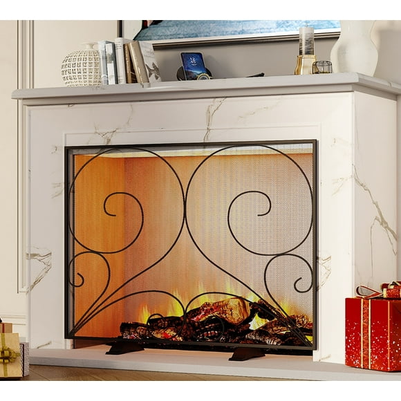 Fire Beauty Single Panel Fireplace Screen Handcrafted Solid Wrought Iron Mesh, Heat-Resistant Fire Spark Guard for Fireplace-Black