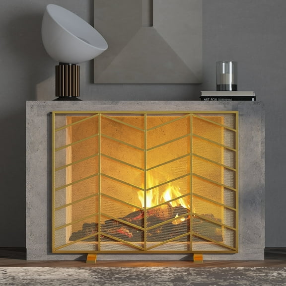 Fire Beauty Single Panel Handcrafted Wrought Iron Mesh Chevron Fireplace Screen, Fire Spark Guard for Living Room, Bedroom Decor(Golden)