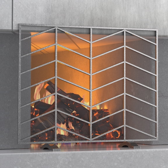 Fire Beauty Single Panel Handcrafted Wrought Iron Mesh Chevron Fireplace Screen, Fire Spark Guard for Living Room, Bedroom Decor(Pewter)