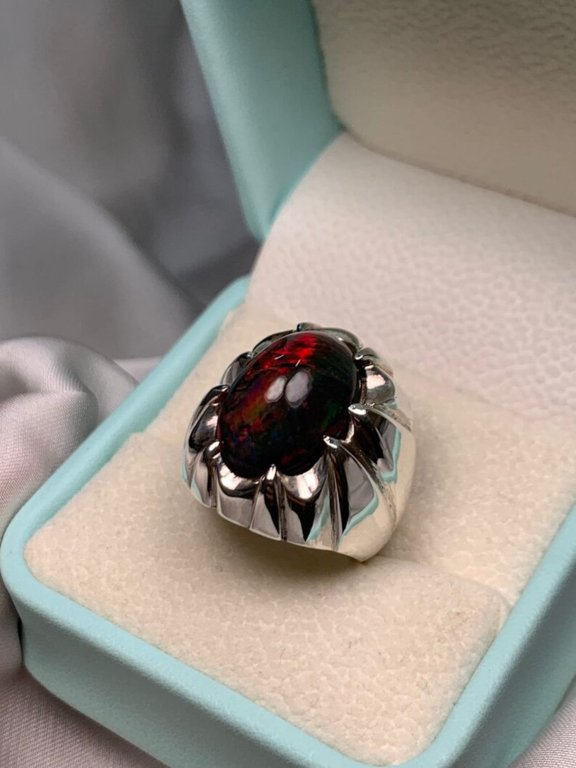 Fire Black Opal Silver Ring, Black Fire Opal Mens Ring, Natural Black Opal Ring, Ring For Men, Ring For Husband, Men's Engagement Ring