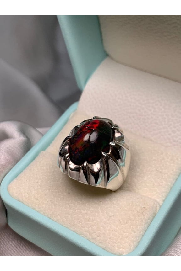 Fire Black Opal Silver Ring, Black Fire Opal Mens Ring, Natural Black Opal Ring, Ring For Men, Ring For Husband, Men's Engagement Ring