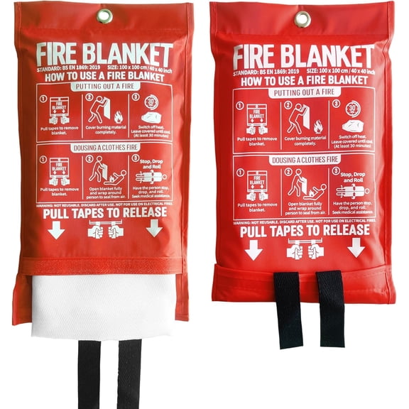Fire Blanket for Kitchen and Home, 40" x 40", Fiberglass Emergency Fire Blanket, 2 Pack