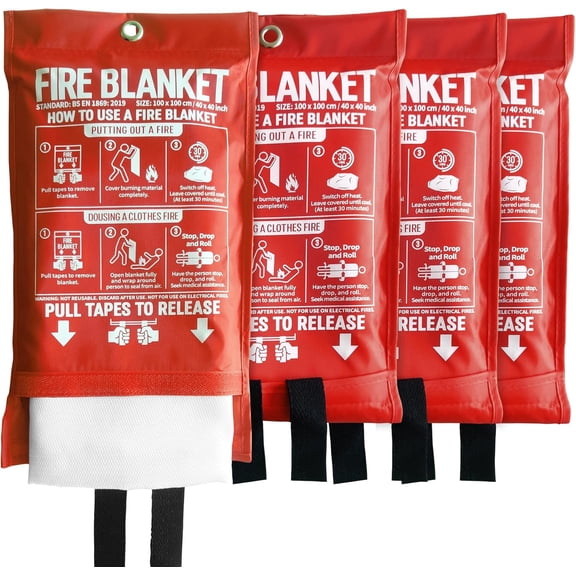 Fire Blanket for Kitchen and Home, 40" x 40", Fiberglass Emergency Fire Blanket, 4 Pack