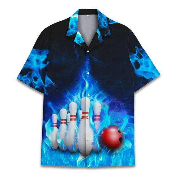 Fire Bowling Hawaiian Shirt For Men Blue Flame Bowling Shirt Mens Hawaiian Shirts Short Sleeve Button Up Shirt Men