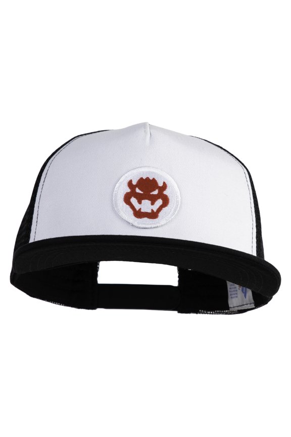Fire Bowser Iron on Patched Flat Bill Snapback Trucker Cap - White Black OSFM