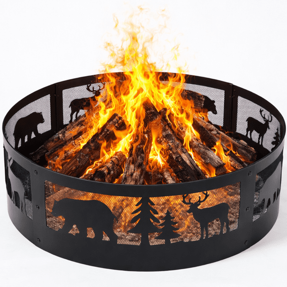 Fire Chief 36 Inch Fire Pit Ring  Heavy Duty Wood Burning Fire Ring Insert with Decorative Wildlife Design  Outdoor Steel Campfire Bonfire Pit Insert for Backyard Patio Camping