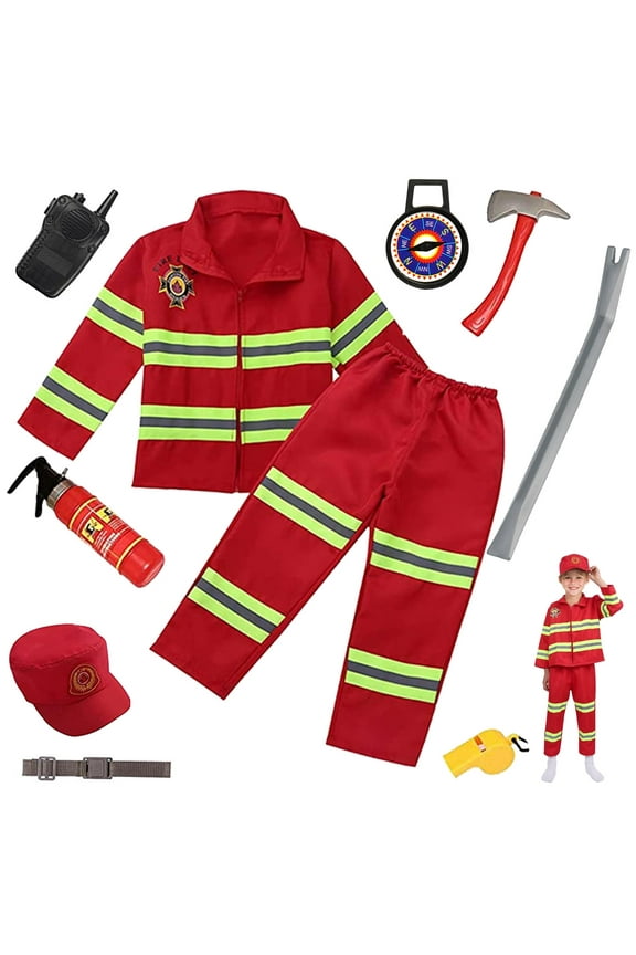 Fire Chief Costume Firefighter Role Play Fireman Dress-up Set for Kids 3-6 Years Toddler Best Gift Birthday Christmas Present(10 pcs)