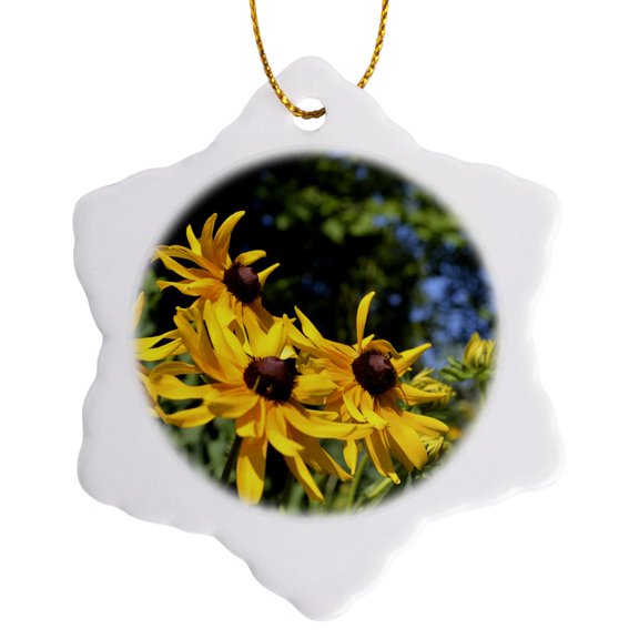 3drose, Fire Colored Black-eye Susans, 3 inch Snowflake Porcelain Ornament