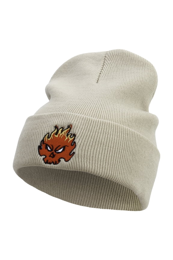 Fire Demon Embroidered 12 Inch Long Knitted Beanie - Birch OSFM