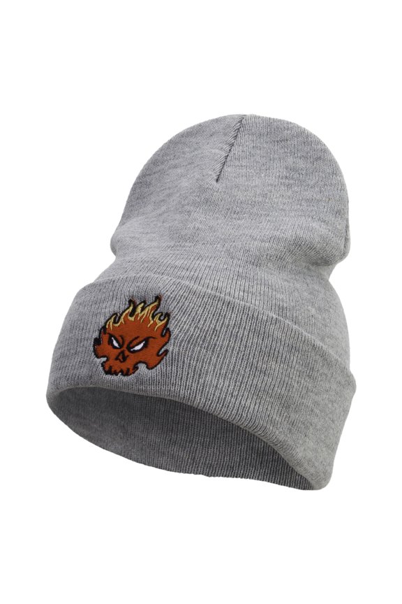 Fire Demon Embroidered 12 Inch Long Knitted Beanie - Heather Grey OSFM