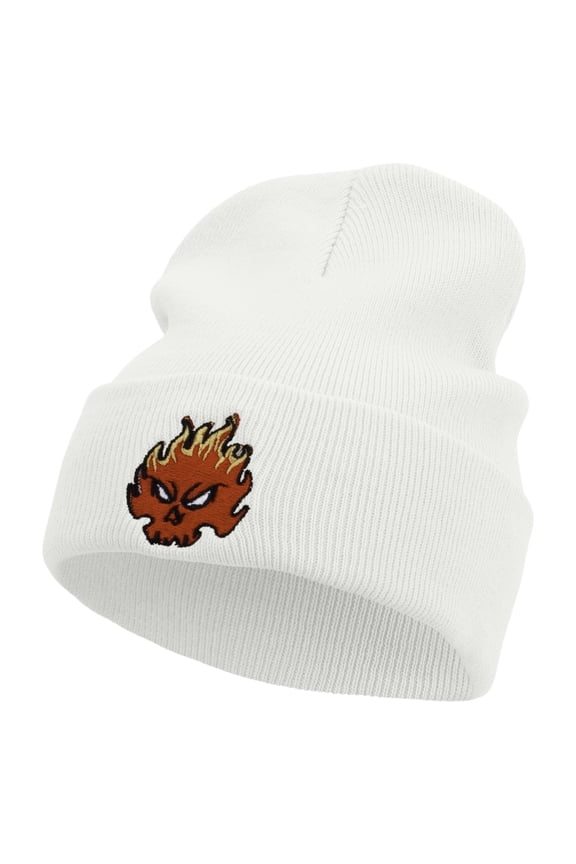 Fire Demon Embroidered 12 Inch Long Knitted Beanie - White OSFM