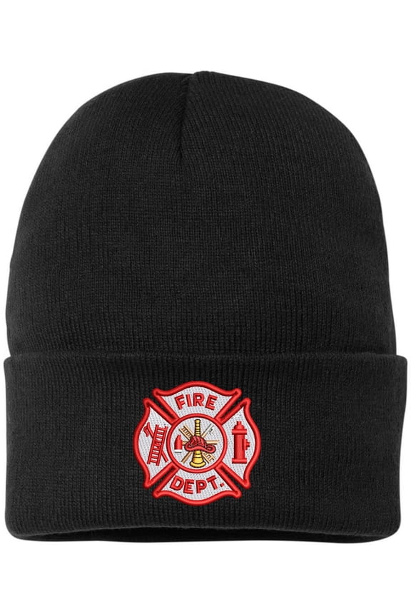 Fire Department Beanie Embroidered FIRE DEPT Watch Cap Warm Winter Hat for First Responders and Supporters (Black)