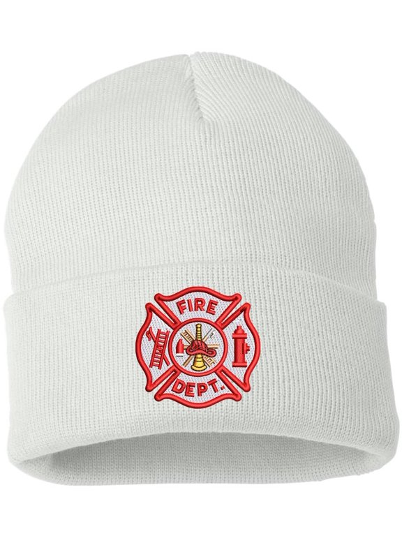 Fire Department Beanie Embroidered FIRE DEPT Watch Cap Warm Winter Hat for First Responders and Supporters (White)