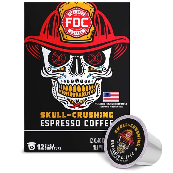 Fire Department Coffee Skull-Crushing Espresso Dark Roast Premium K-Cup Coffee Pods, 12 Pack