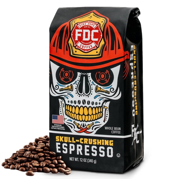 Fire Department Coffee Skull Crushing Espresso Dark Roast Premium Whole Bean Coffee, 12 oz