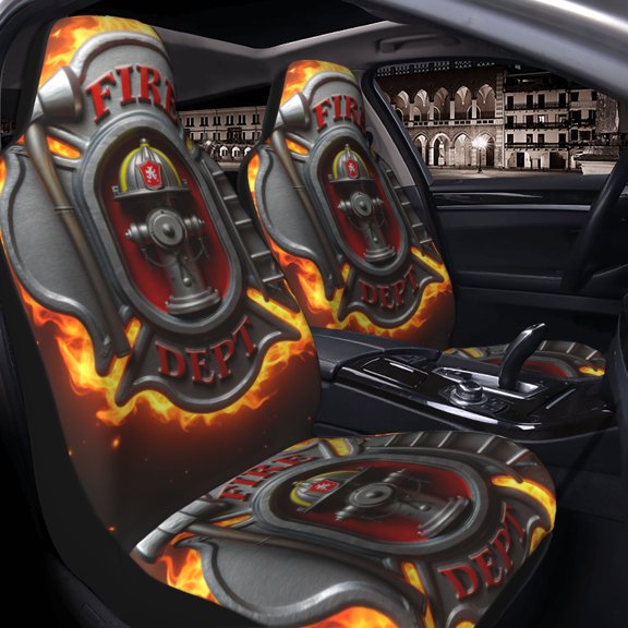 Fire Department Emblem With Flames Set of 2 Car Seat Covers for Front SeatsNonslip Scratchproof Front Seat Cover Fits for Cars, Trucks, SUV