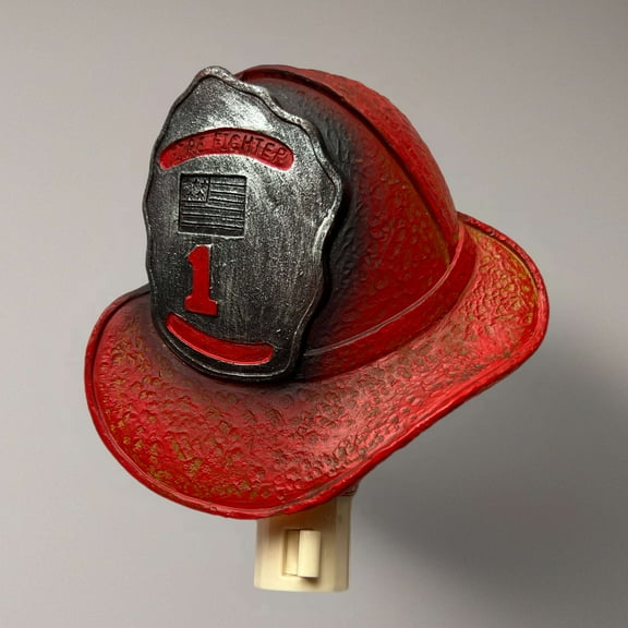 Red Fire Fighter Helmet Night Light Hero Tribute with Bulb Wall Plug Resin