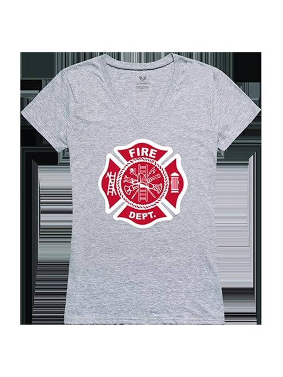 Fire Department Graphic V-Neck T-Shirt, Heather Gray - Medium