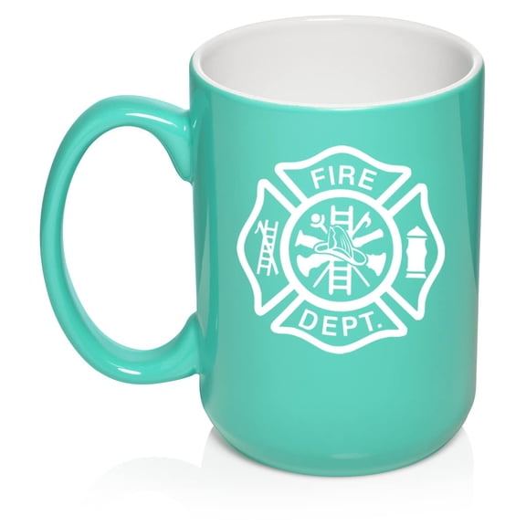 Fire Department Maltese Cross Firefighter Ceramic Coffee Mug Tea Cup Gift for Him, Men, Dad, Family, Son, Husband, Boss, Retirement, Friend, Brother, Birthday, Firefighters' Day (15oz Teal)