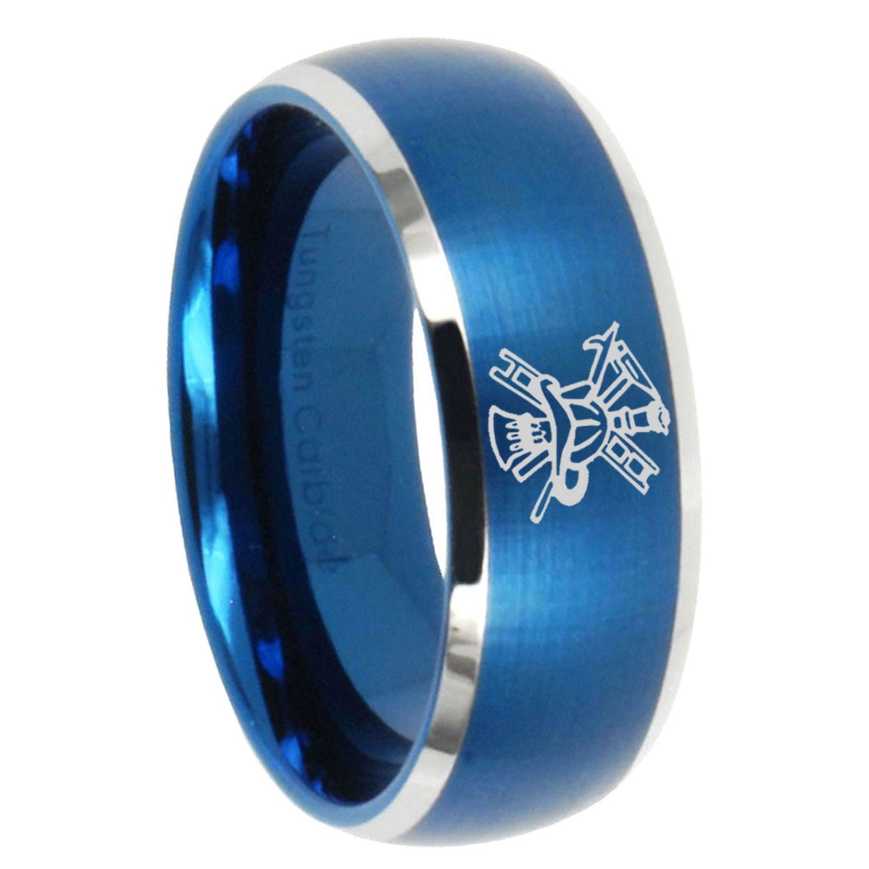 Fire Department Pattern 8MM Dome Brushed Finish Blue Tungsten Men Ring ...